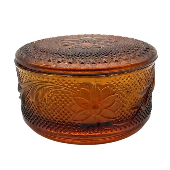 Vintage TIARA Amber Sandwich Glass Round Powder Puff Jar Trinket Box with Lid - Picture 1 of 6